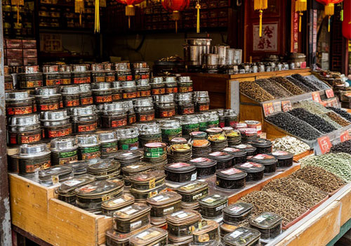 Чай на прилавке на китайском рынке