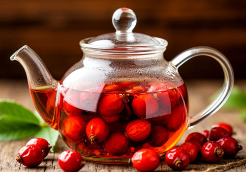 Заваренный шиповник в стеклянном чайнике Заваренный шиповник в стеклянном чайнике