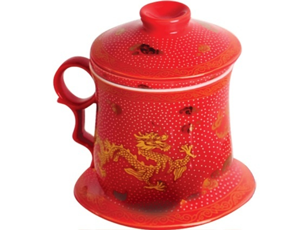 Чашка "Золотой дракон", с крышкой и заварочной колбой, красная 330мл