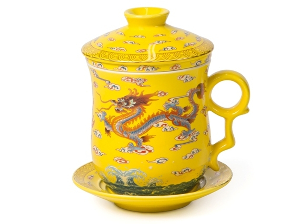 Чашка "Дракон", с крышкой и заварочной колбой, желтая 330мл