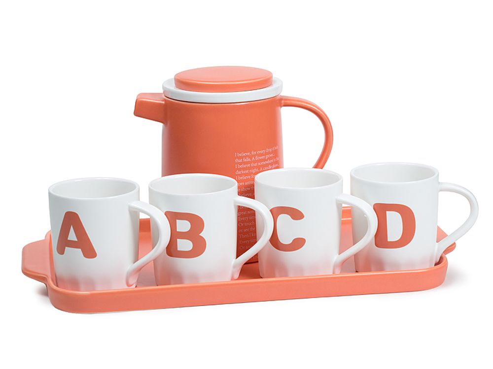 Набор «Буквы», чайник и 4 кружки, оранжевый.